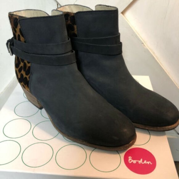 Boden Heeled Ankle Boots Side Zip Up Leopard Print Black Leather Womens … - Picture 1 of 7